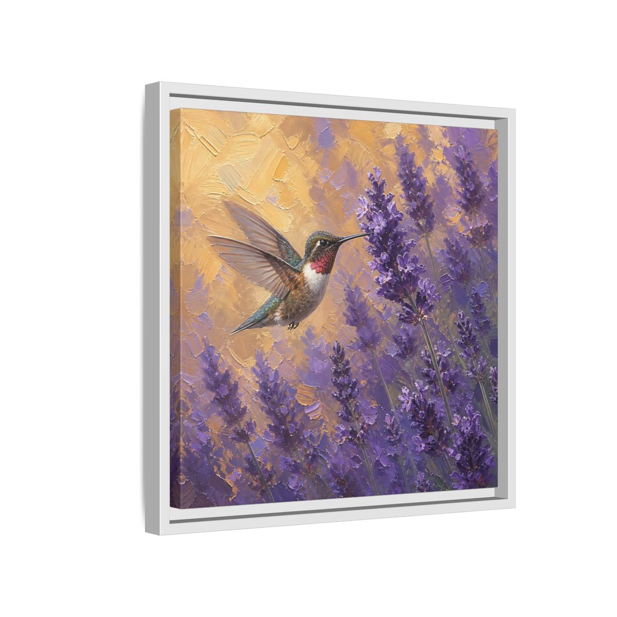 Side Mockup 13. Nature Hummingbird Lavender And Gold shown as stretched canvas wall art
