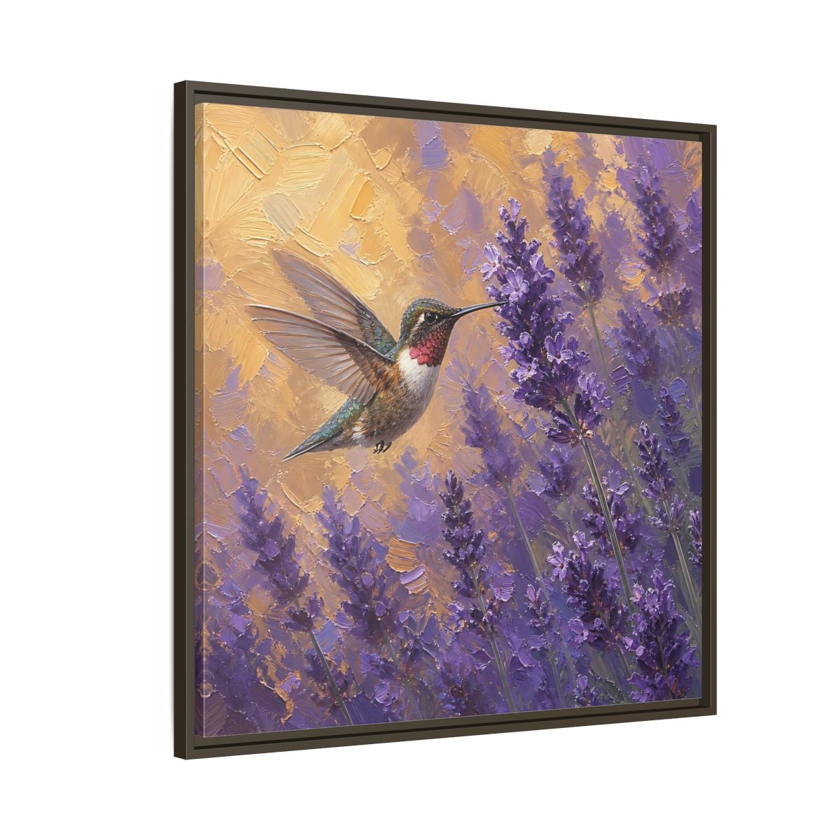 Side Mockup 8. Nature Hummingbird Lavender And Gold shown as stretched canvas wall art