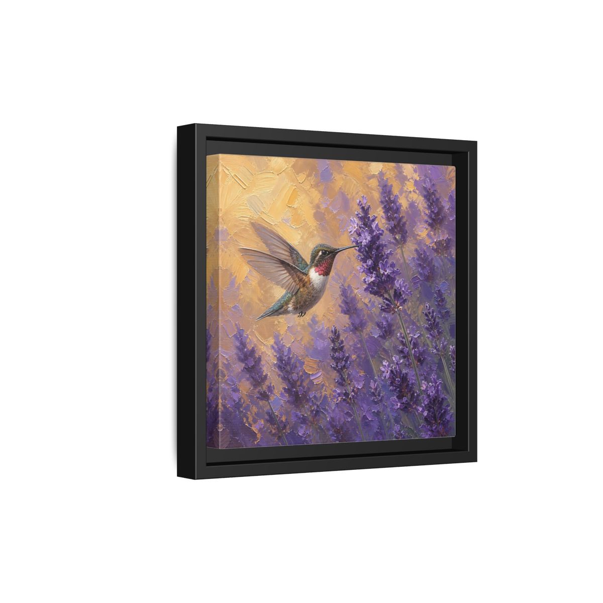 Side Mockup 21. Nature Hummingbird Lavender And Gold shown as stretched canvas wall art