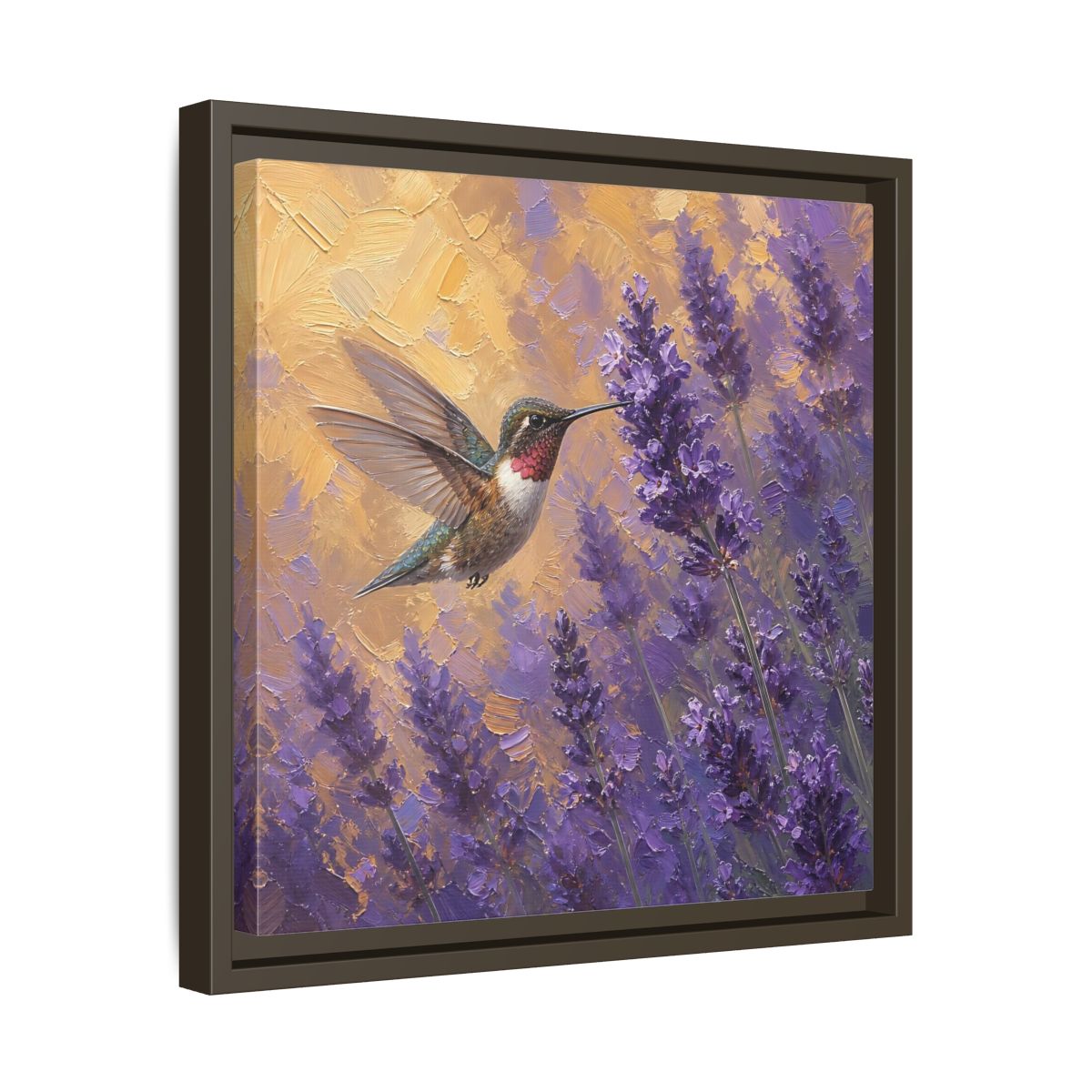 Side Mockup 29. Nature Hummingbird Lavender And Gold shown as stretched canvas wall art