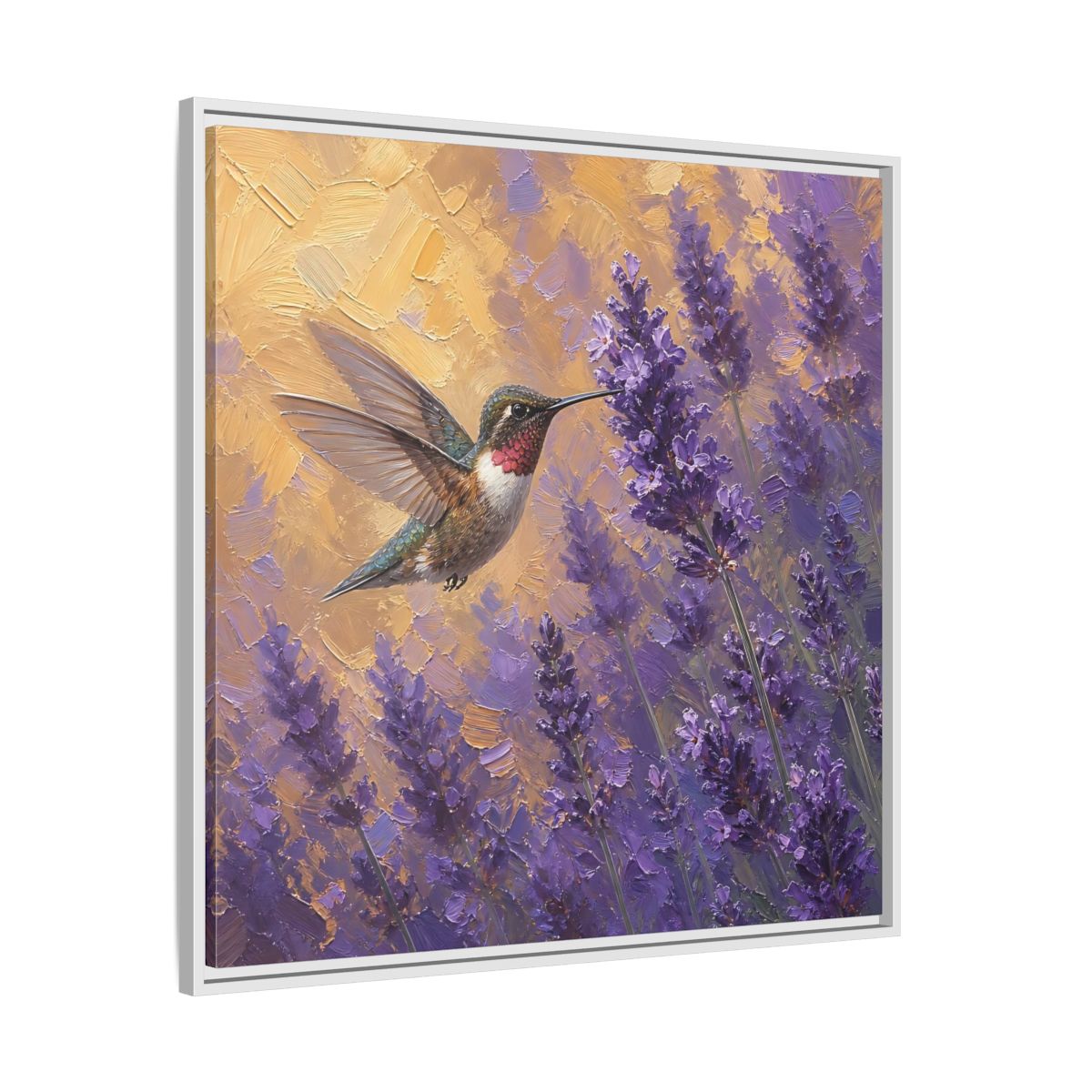 Side Mockup 25. Nature Hummingbird Lavender And Gold shown as stretched canvas wall art