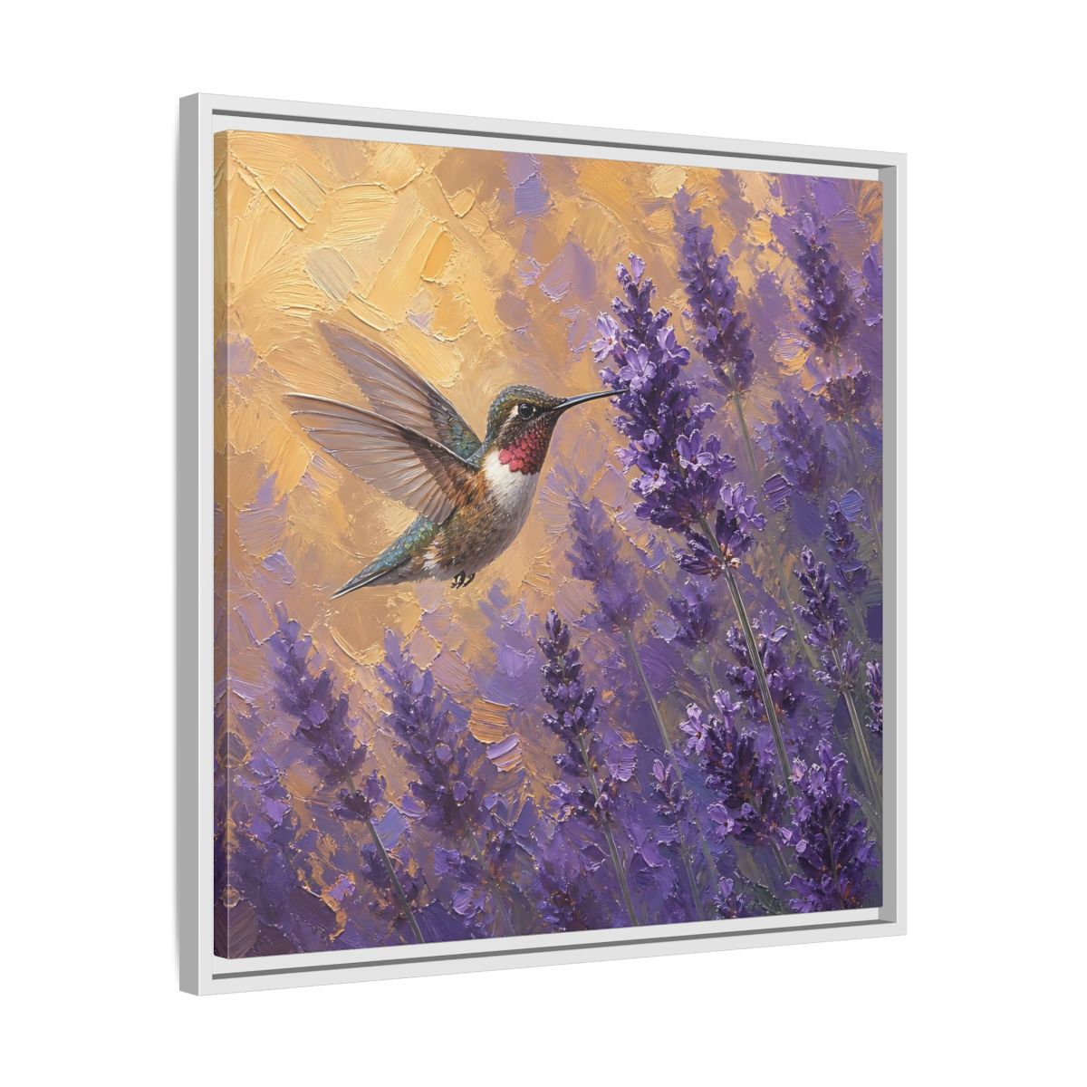 Side Mockup 26. Nature Hummingbird Lavender And Gold shown as stretched canvas wall art
