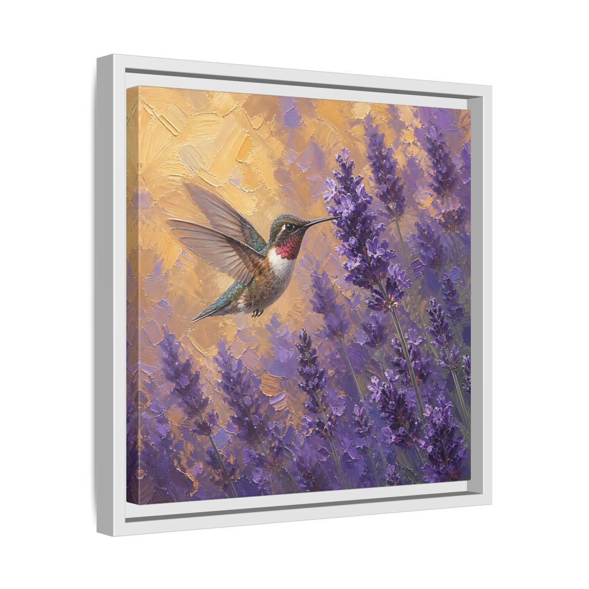 Side Mockup 28. Nature Hummingbird Lavender And Gold shown as stretched canvas wall art