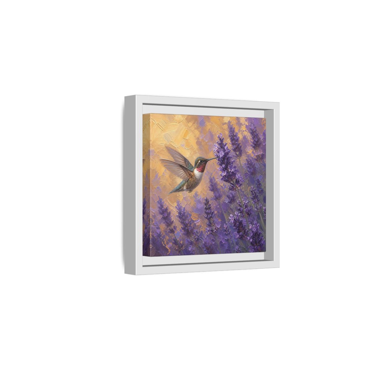 Side Mockup 1. Nature Hummingbird Lavender And Gold shown as stretched canvas wall art