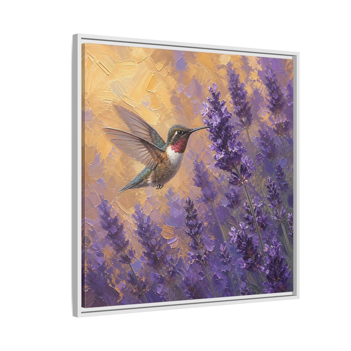 Side Mockup 7. Nature Hummingbird Lavender And Gold shown as stretched canvas wall art