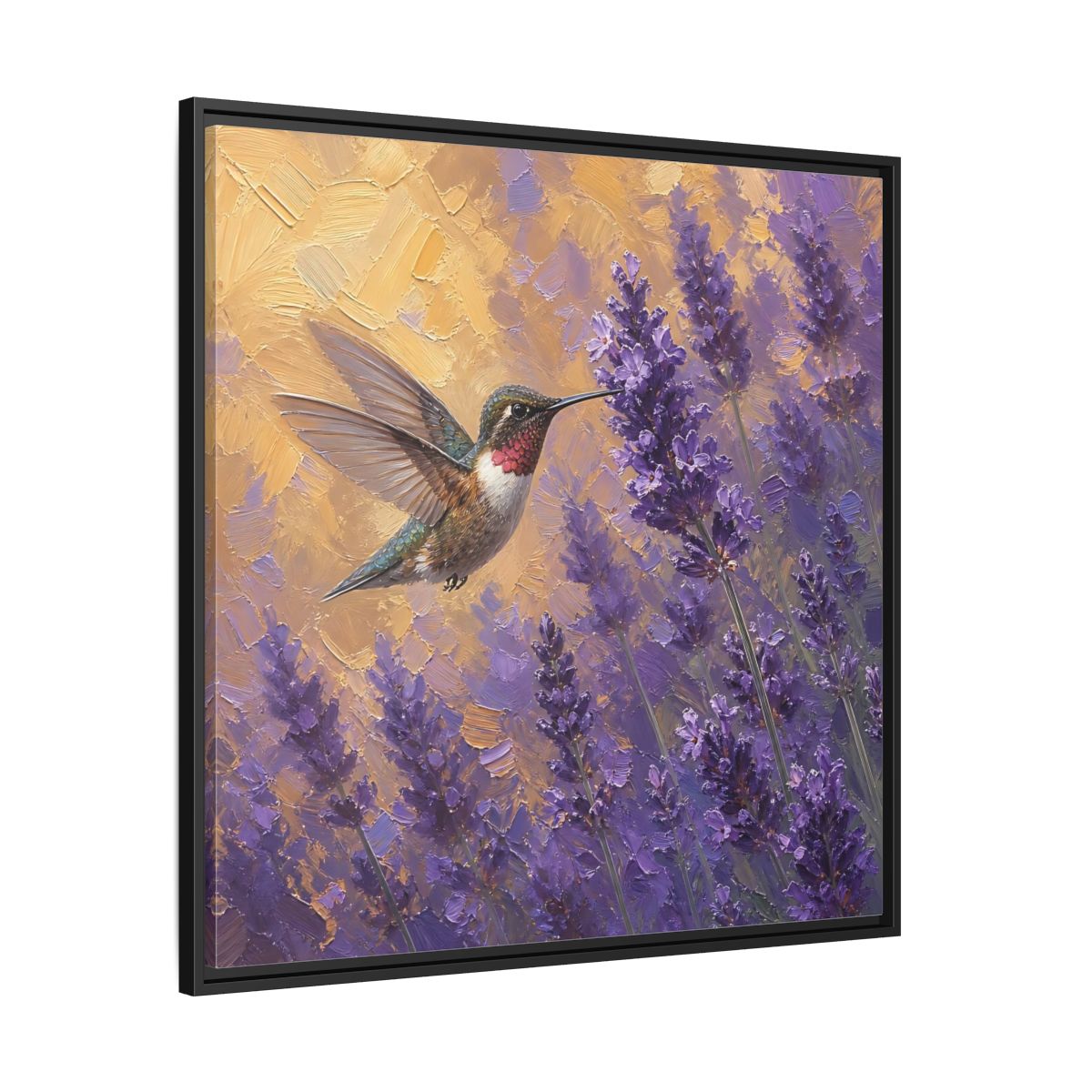 Side Mockup 30. Nature Hummingbird Lavender And Gold shown as stretched canvas wall art
