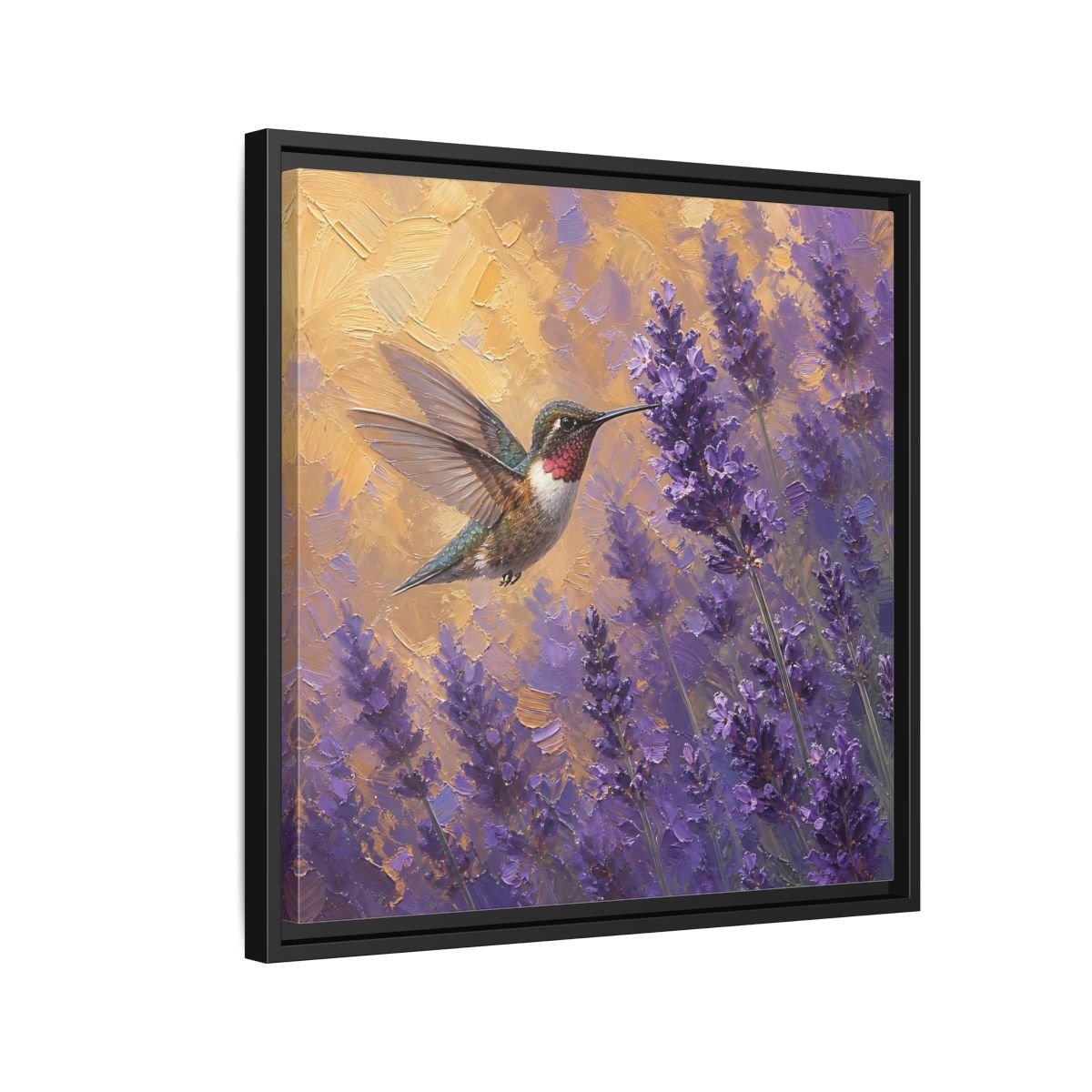 Side Mockup 12. Nature Hummingbird Lavender And Gold shown as stretched canvas wall art