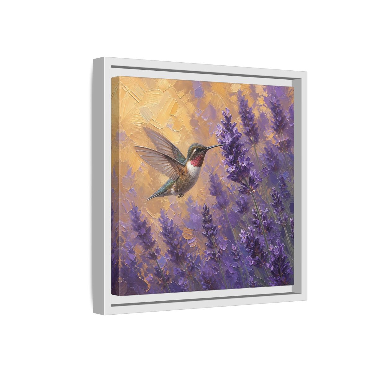 Side Mockup 16. Nature Hummingbird Lavender And Gold shown as stretched canvas wall art