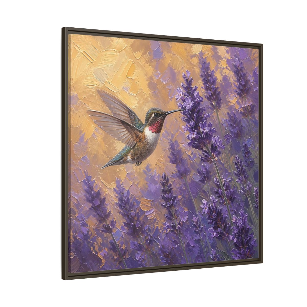 Side Mockup 5. Nature Hummingbird Lavender And Gold shown as stretched canvas wall art