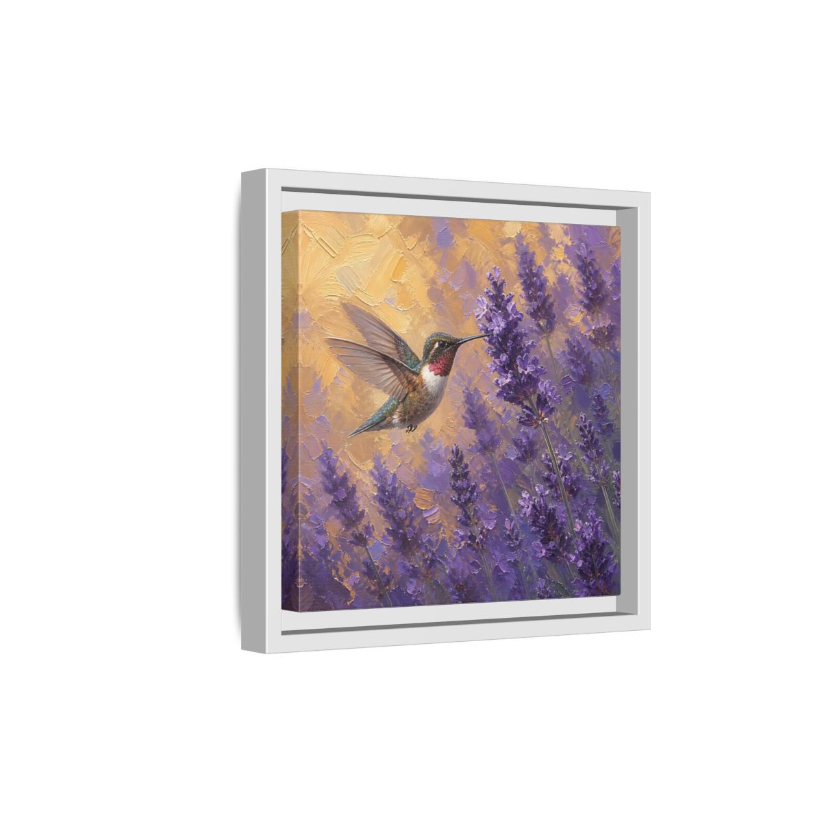 Side Mockup 19. Nature Hummingbird Lavender And Gold shown as stretched canvas wall art