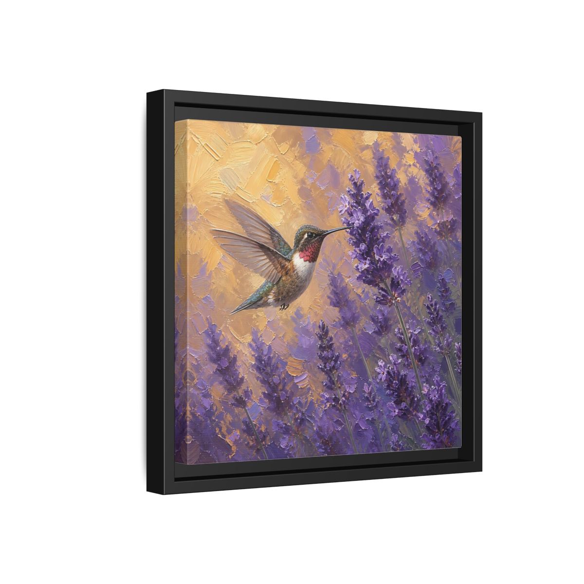 Side Mockup 18. Nature Hummingbird Lavender And Gold shown as stretched canvas wall art