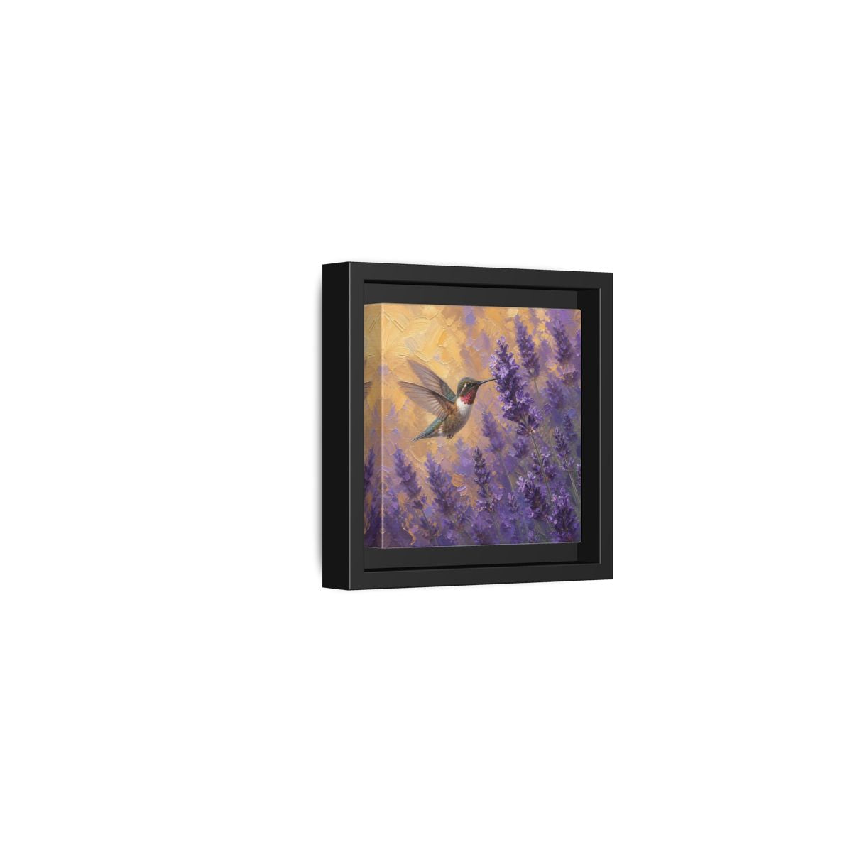 Side Mockup 24. Nature Hummingbird Lavender And Gold shown as stretched canvas wall art