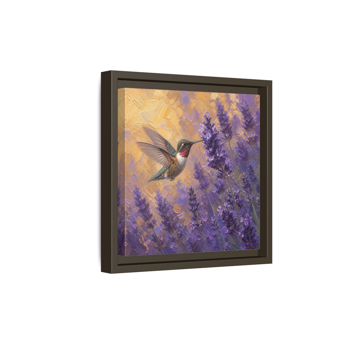 Side Mockup 20. Nature Hummingbird Lavender And Gold shown as stretched canvas wall art