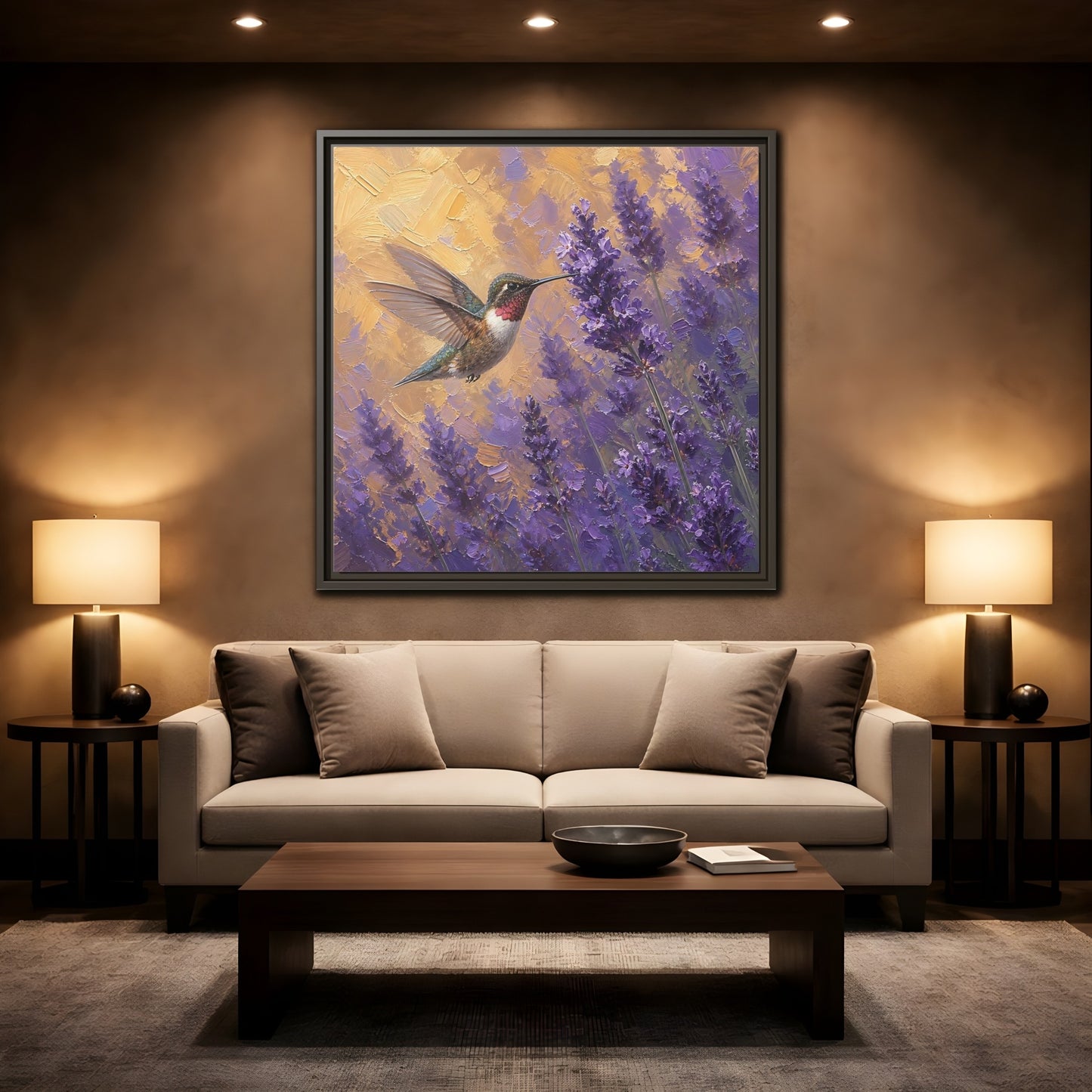 Mockup 2. Nature Hummingbird Lavender And Gold shown as stretched canvas wall art