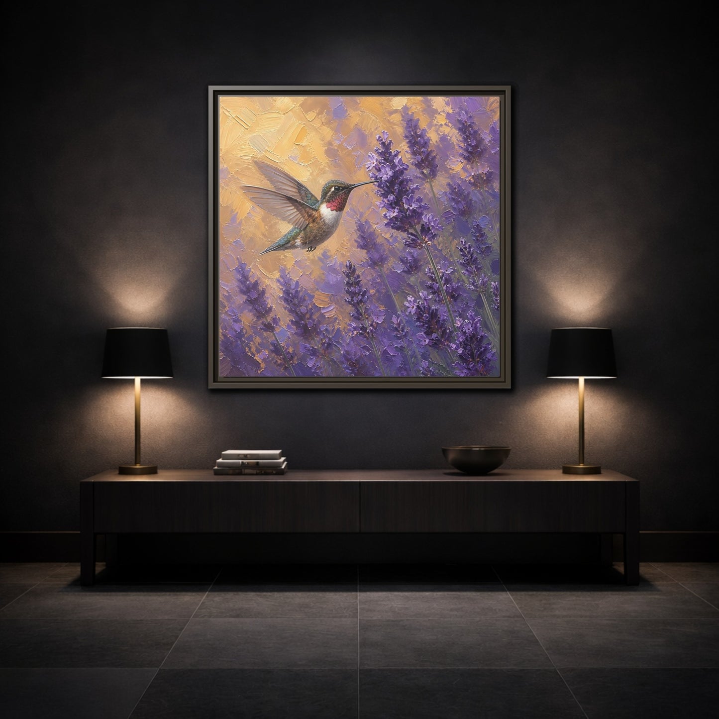 Mockup 3. Nature Hummingbird Lavender And Gold shown as stretched canvas wall art