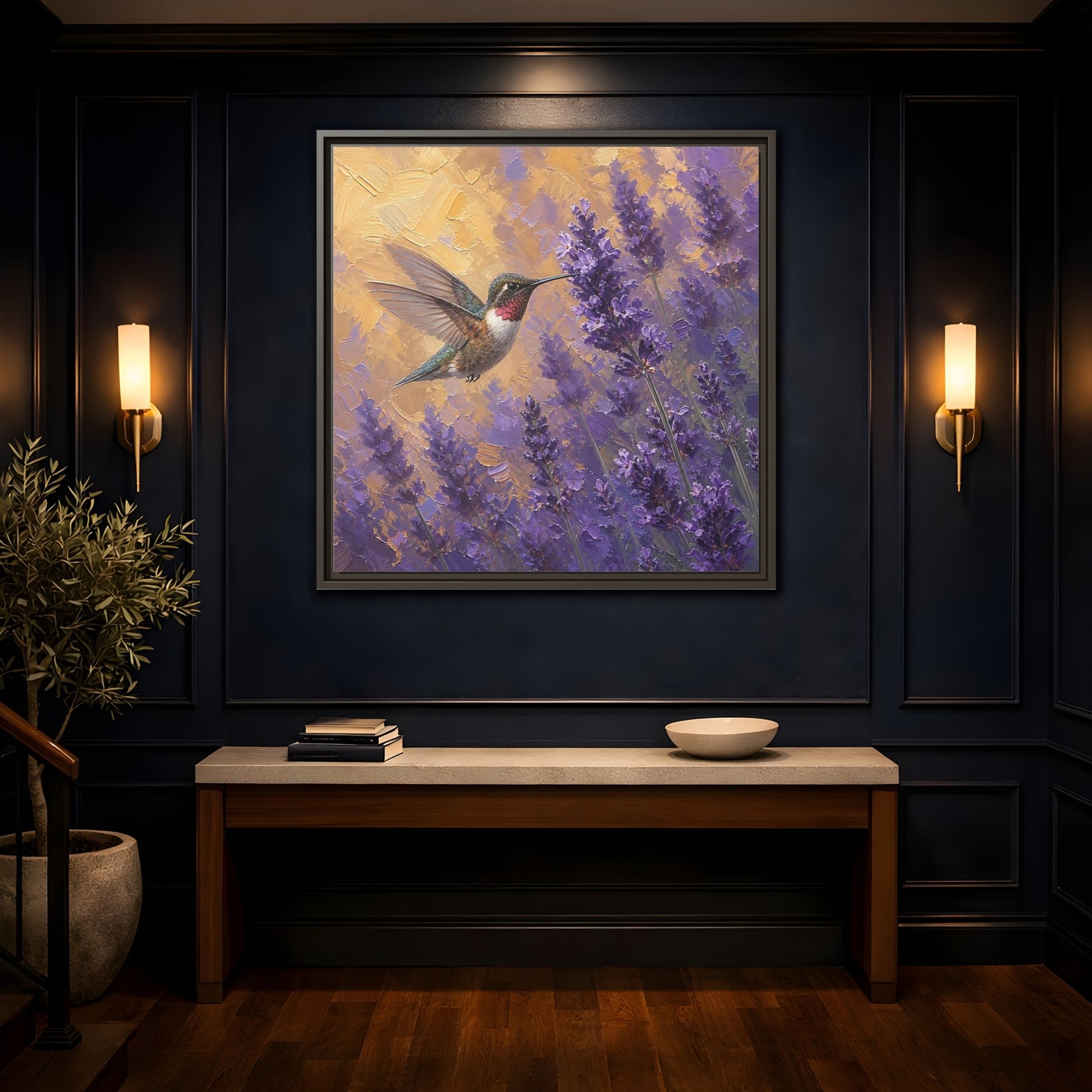 Mockup 4. Nature Hummingbird Lavender And Gold shown as stretched canvas wall art