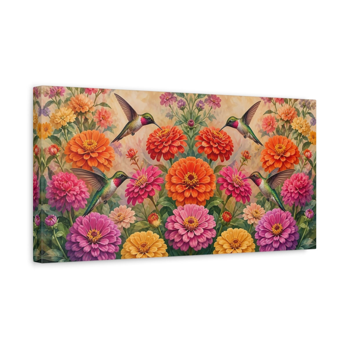 Side Mockup 3. Nature Hummingbirds Vibrant Hummingbirds shown as stretched canvas wall art