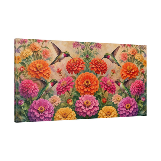 Main Mockup. Nature Hummingbirds Vibrant Hummingbirds shown as stretched canvas wall art