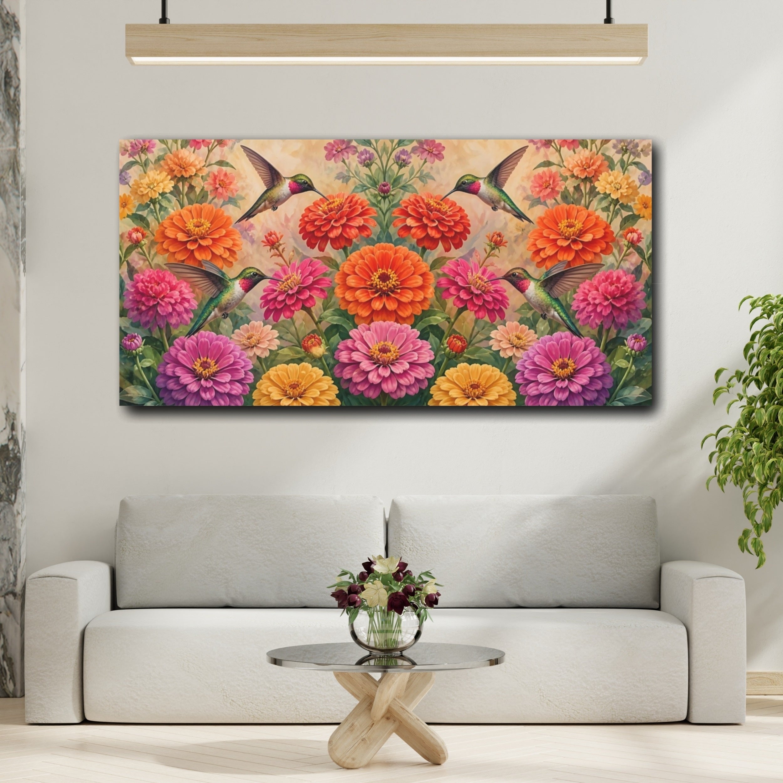 Mockup 2. Nature Hummingbirds Vibrant Hummingbirds shown as stretched canvas wall art