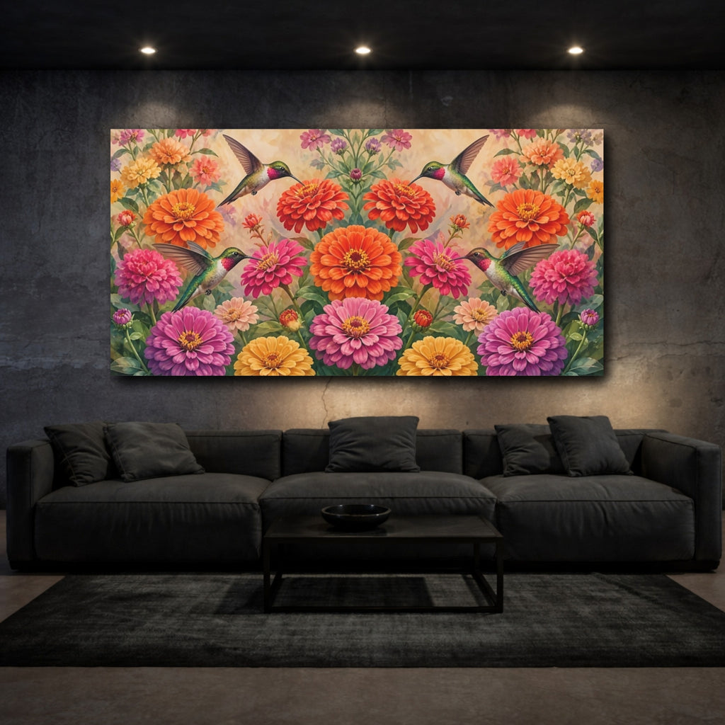 Mockup 3. Nature Hummingbirds Vibrant Hummingbirds shown as stretched canvas wall art