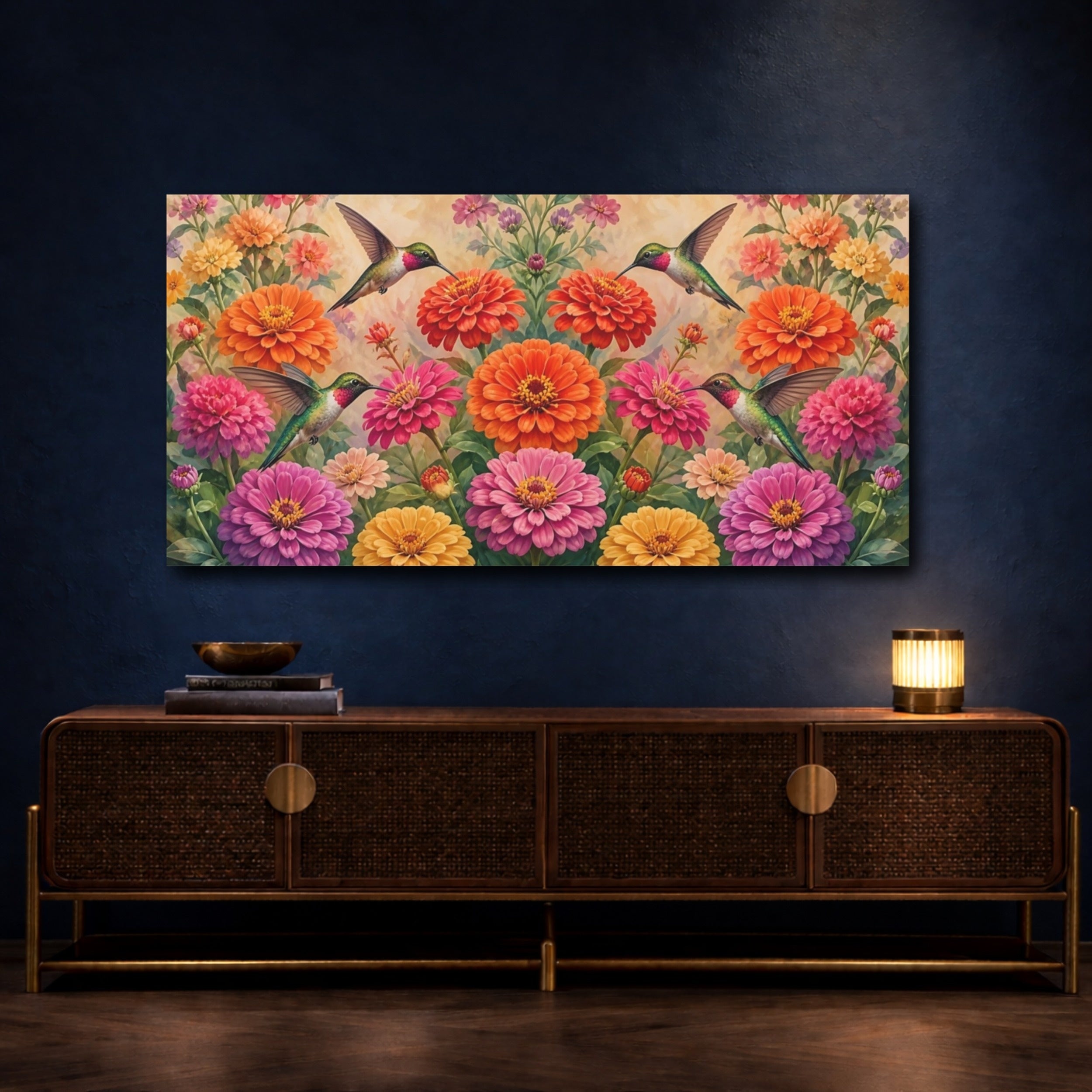 Mockup 4. Nature Hummingbirds Vibrant Hummingbirds shown as stretched canvas wall art