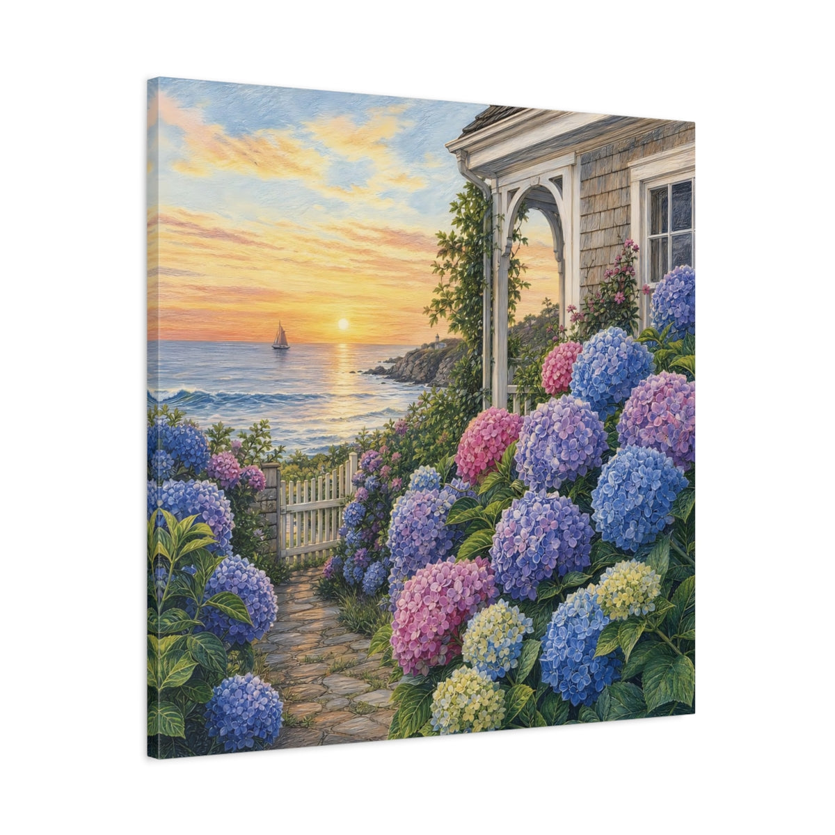 Side Mockup 3. Nature Hydrangea Garden Vibrant Coastal Garden shown as stretched canvas wall art