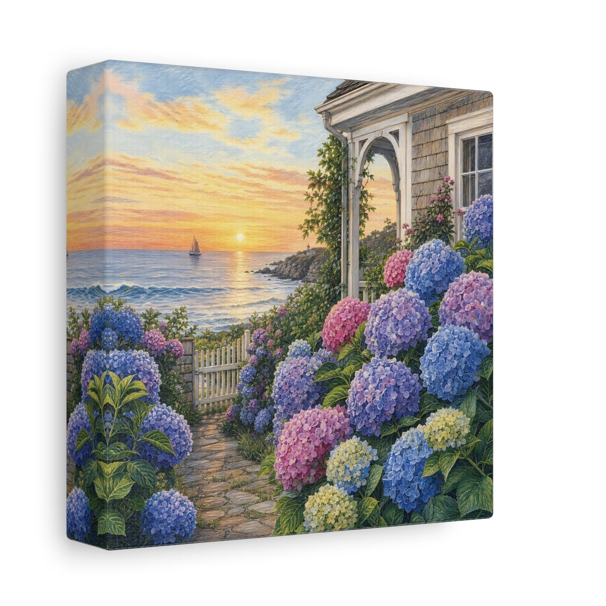 Side Mockup 2. Nature Hydrangea Garden Vibrant Coastal Garden shown as stretched canvas wall art