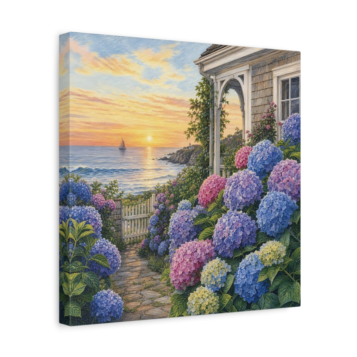 Side Mockup 7. Nature Hydrangea Garden Vibrant Coastal Garden shown as stretched canvas wall art
