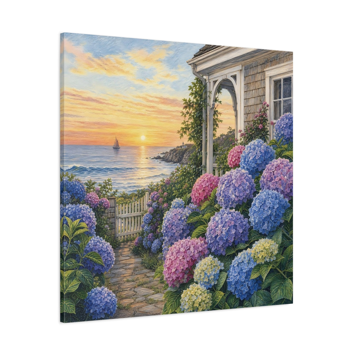 Side Mockup 1. Nature Hydrangea Garden Vibrant Coastal Garden shown as stretched canvas wall art