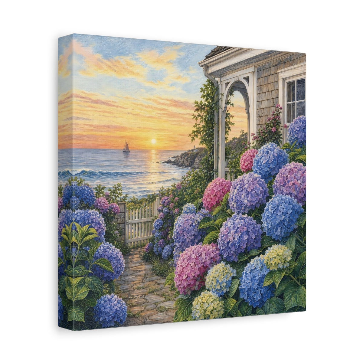 Side Mockup 9. Nature Hydrangea Garden Vibrant Coastal Garden shown as stretched canvas wall art