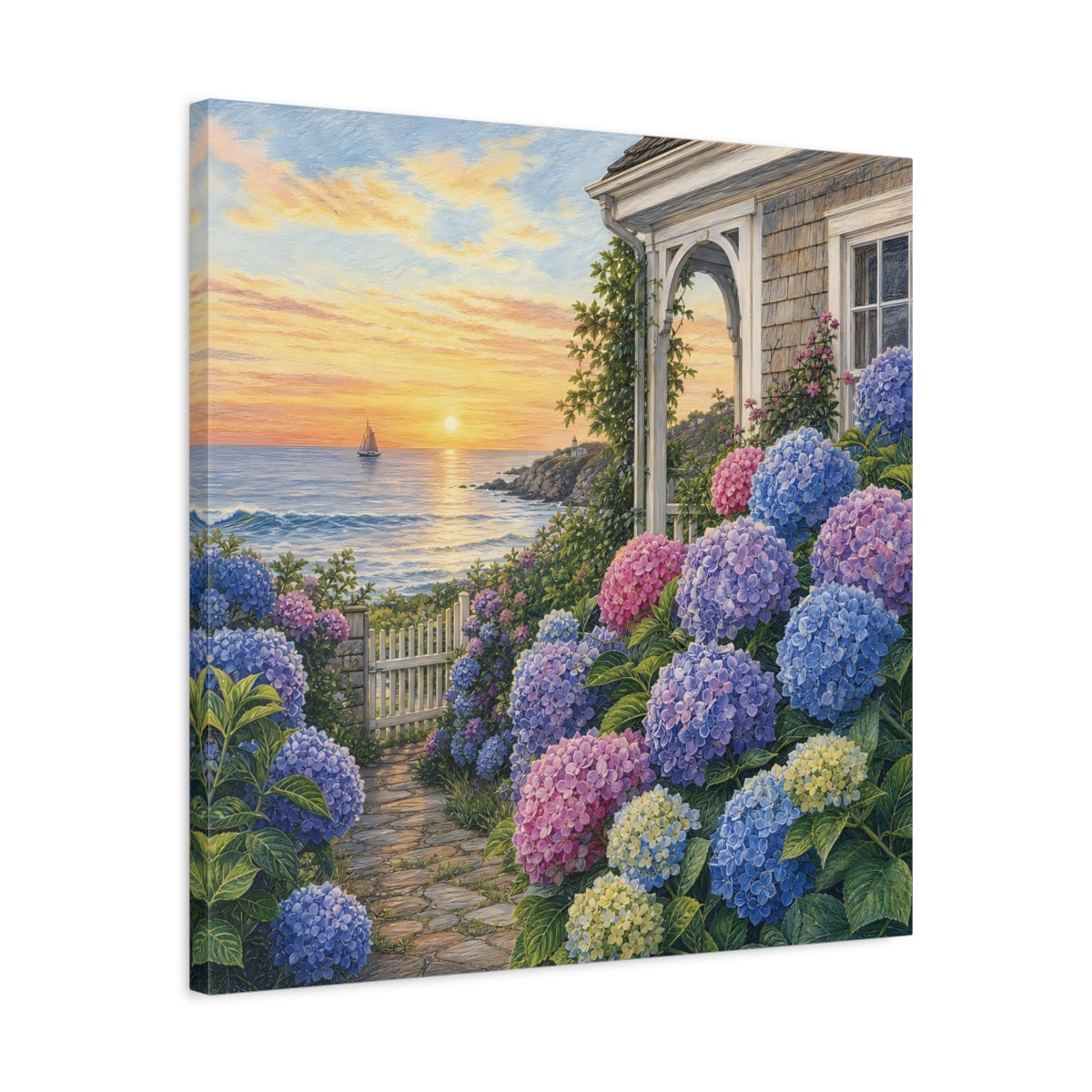 Side Mockup 4. Nature Hydrangea Garden Vibrant Coastal Garden shown as stretched canvas wall art