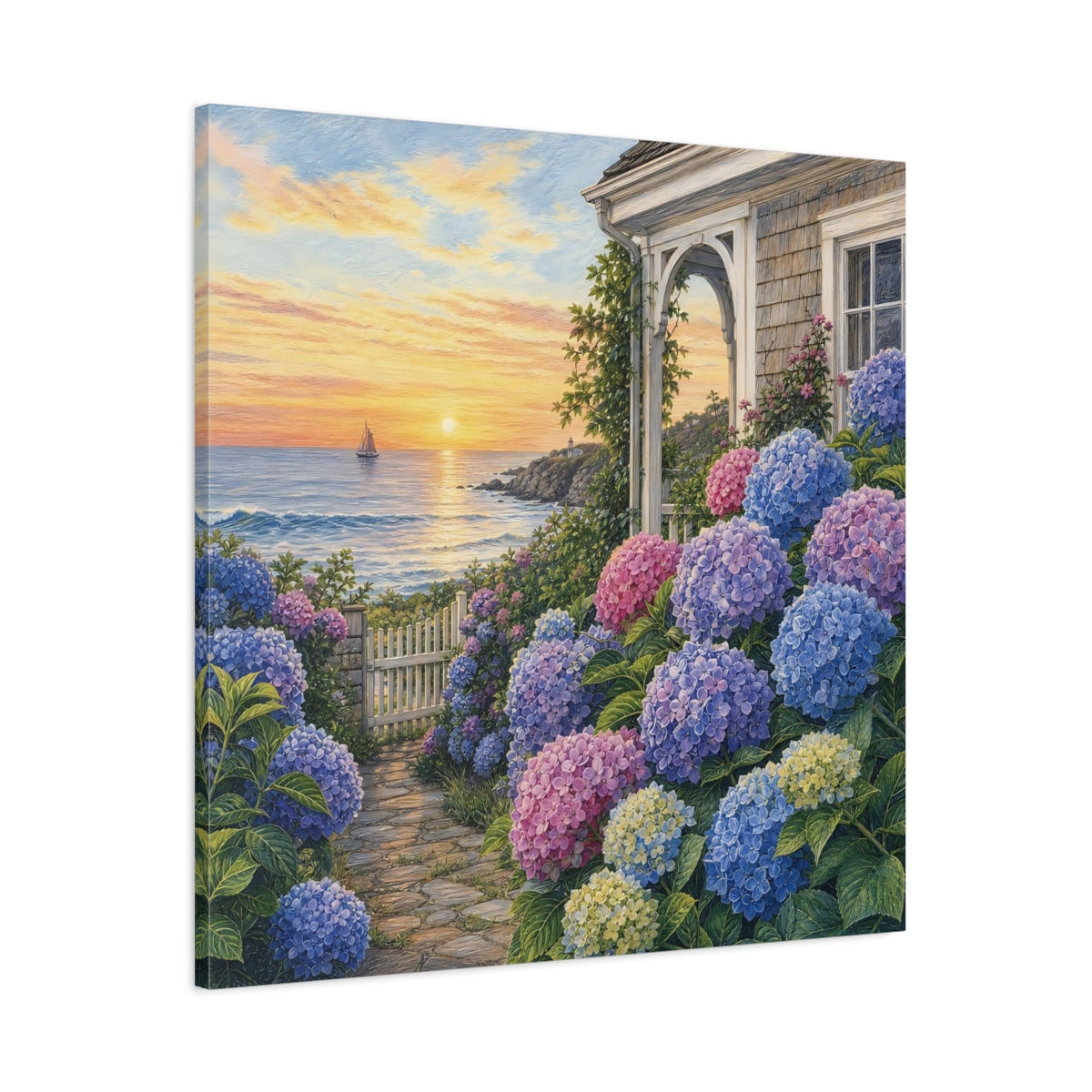 Main Mockup. Nature Hydrangea Garden Vibrant Coastal Garden shown as stretched canvas wall art