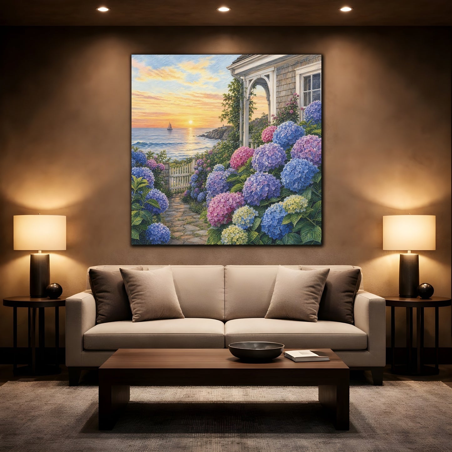 Mockup 2. Nature Hydrangea Garden Vibrant Coastal Garden shown as stretched canvas wall art