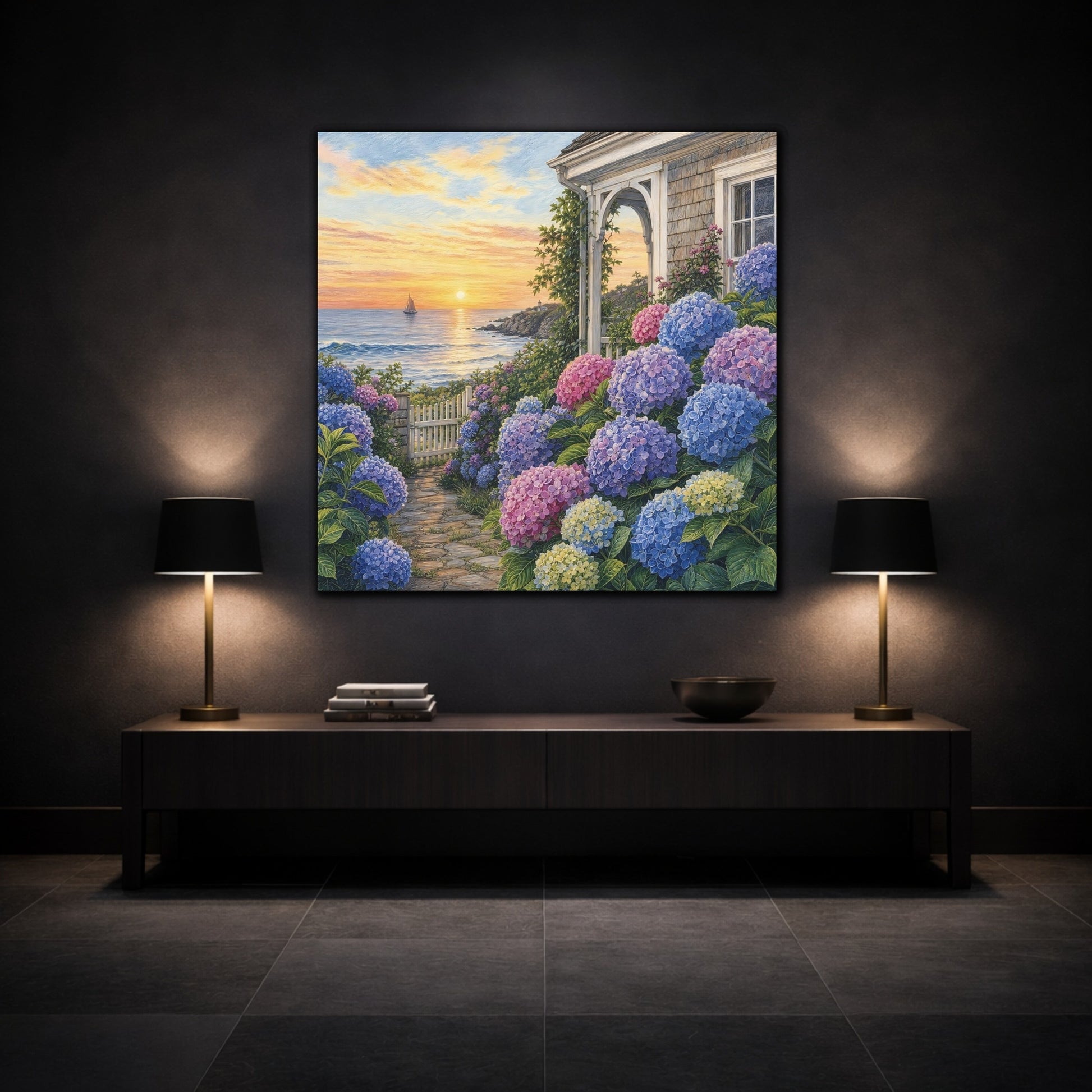 Mockup 3. Nature Hydrangea Garden Vibrant Coastal Garden shown as stretched canvas wall art