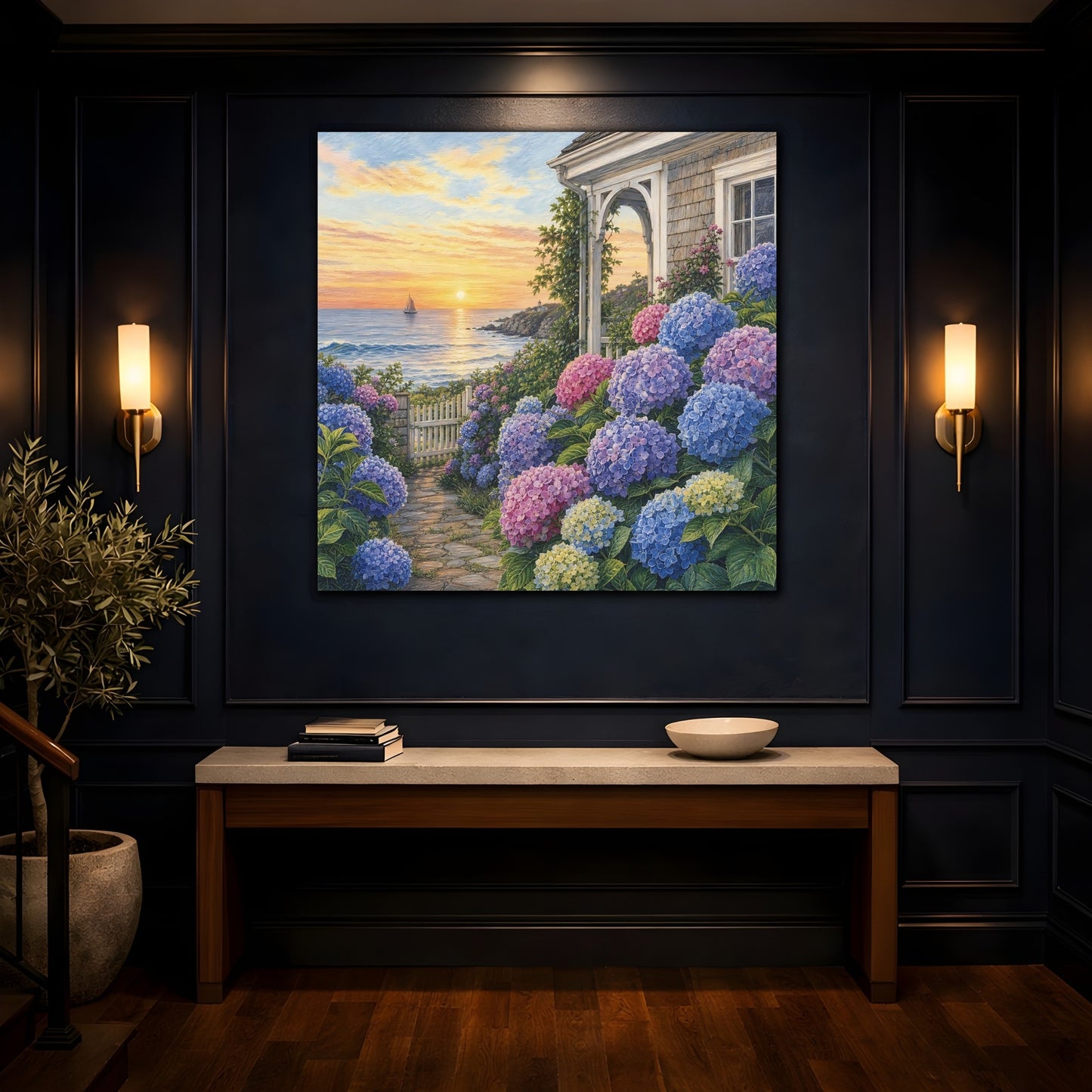 Mockup 4. Nature Hydrangea Garden Vibrant Coastal Garden shown as stretched canvas wall art