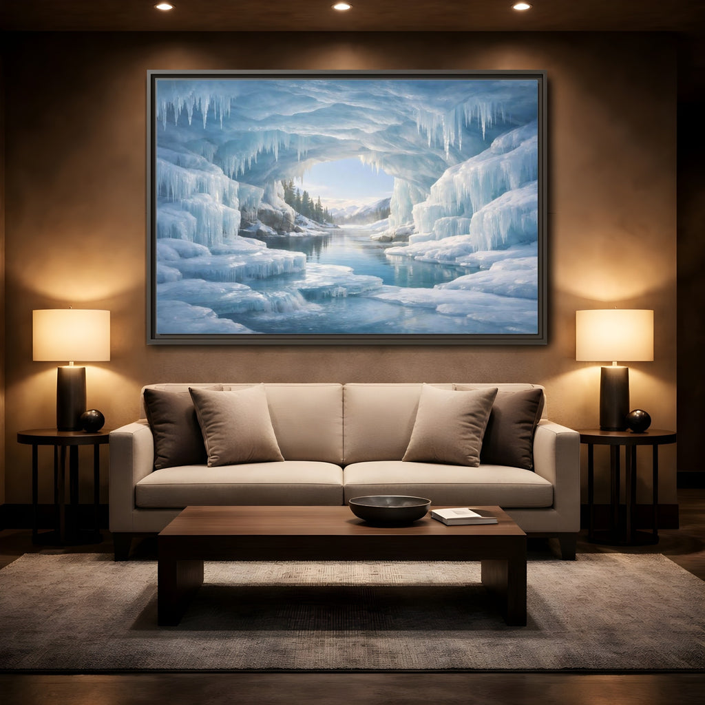 Mockup 2. Nature Ice Cave Blue Ice Cave shown as stretched canvas wall art