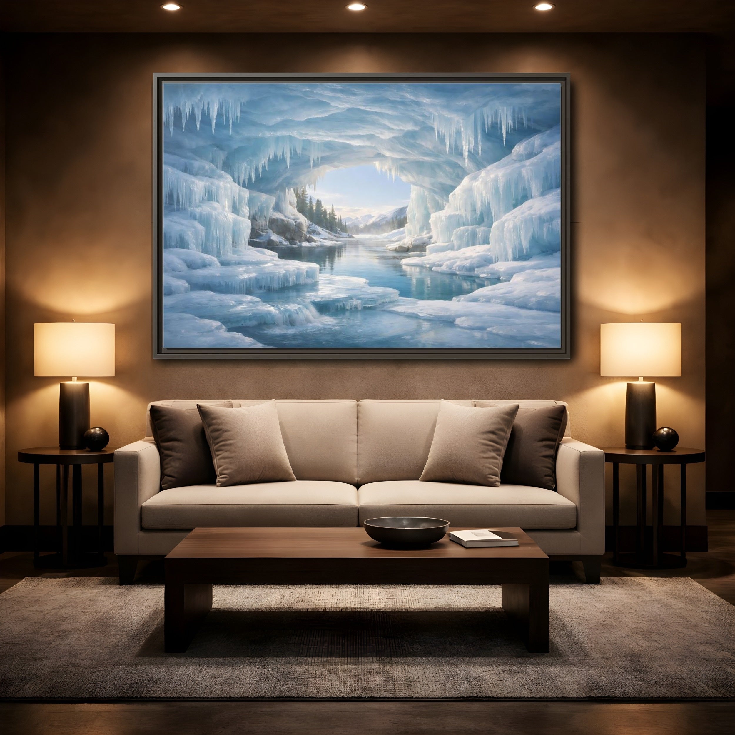 Mockup 2. Nature Ice Cave Blue Ice Cave shown as stretched canvas wall art