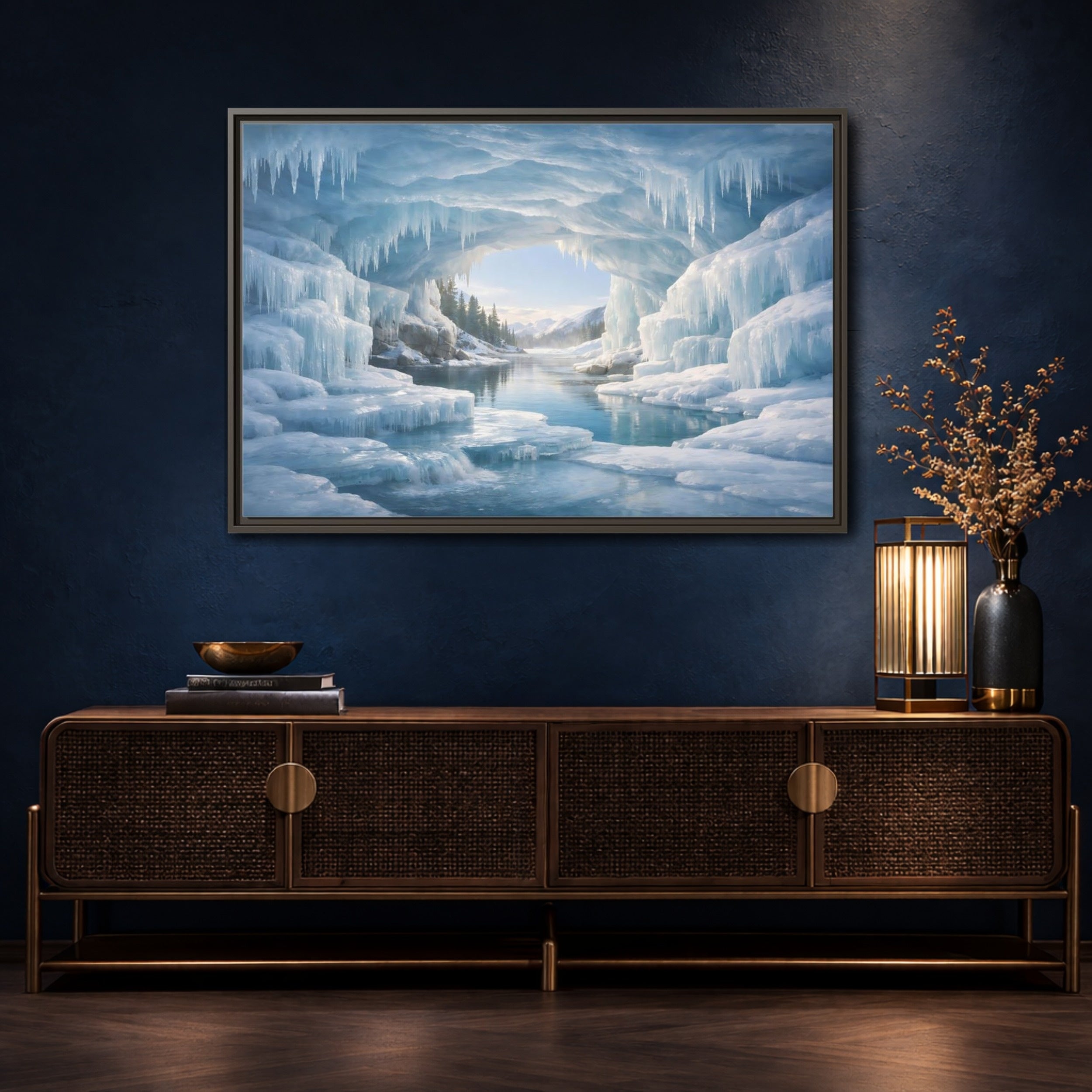 Mockup 4. Nature Ice Cave Blue Ice Cave shown as stretched canvas wall art