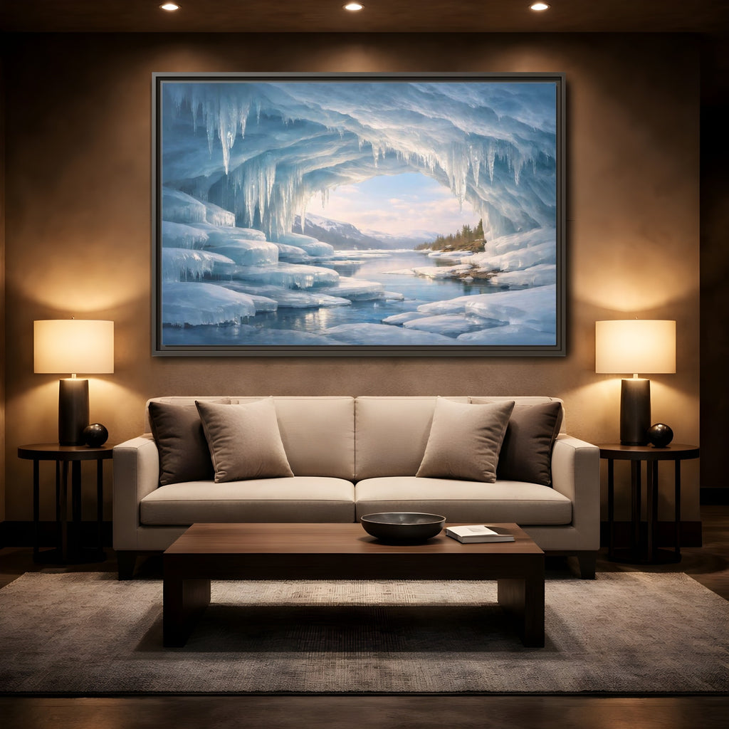 Mockup 2. Nature Ice Cave Blue Winter Cave shown as stretched canvas wall art