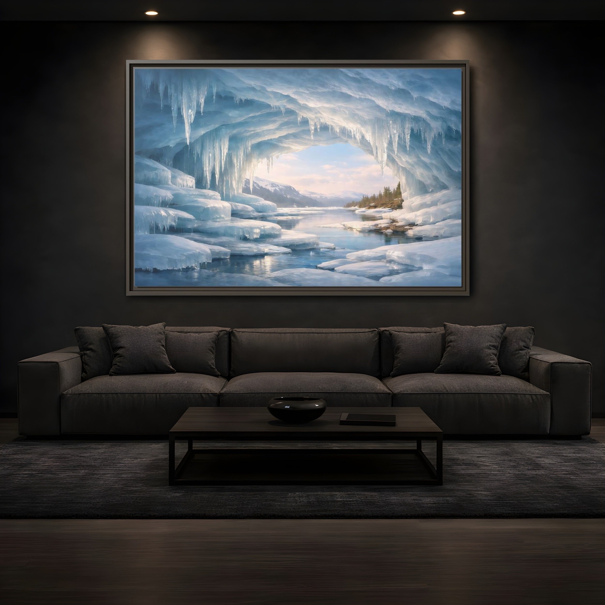 Mockup 3. Nature Ice Cave Blue Winter Cave shown as stretched canvas wall art