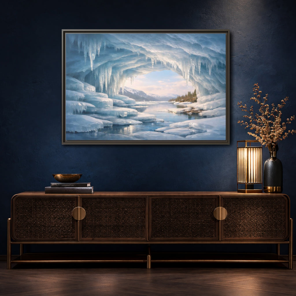 Mockup 4. Nature Ice Cave Blue Winter Cave shown as stretched canvas wall art