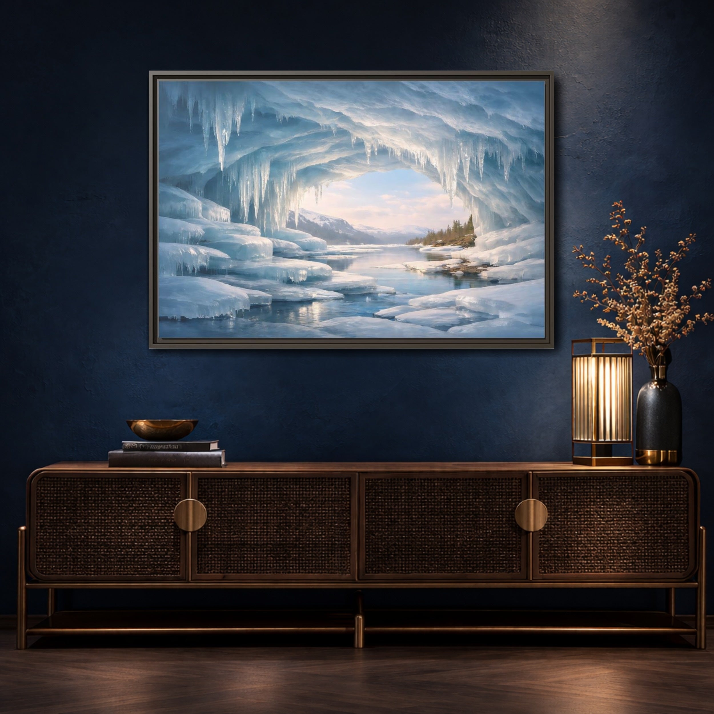 Mockup 4. Nature Ice Cave Blue Winter Cave shown as stretched canvas wall art