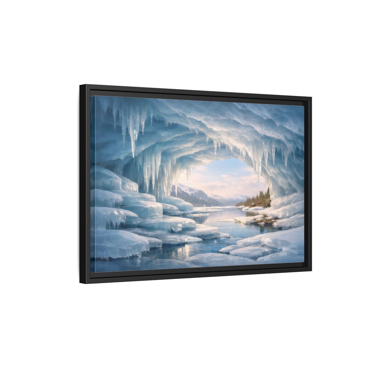 Side Mockup 3. Nature Ice Cave Blue Winter Cave shown as stretched canvas wall art