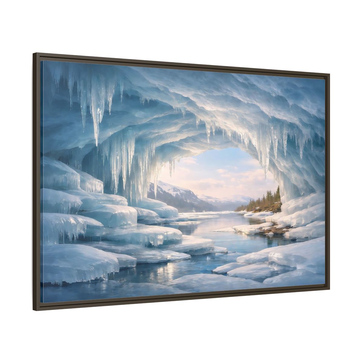Side Mockup 8. Nature Ice Cave Blue Winter Cave shown as stretched canvas wall art