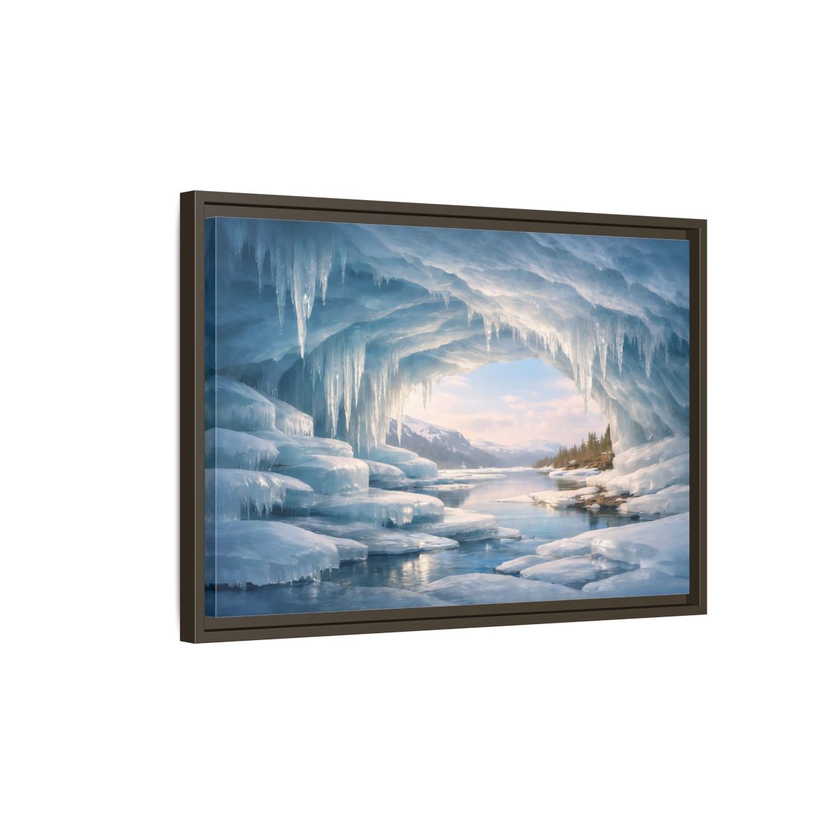 Side Mockup 2. Nature Ice Cave Blue Winter Cave shown as stretched canvas wall art