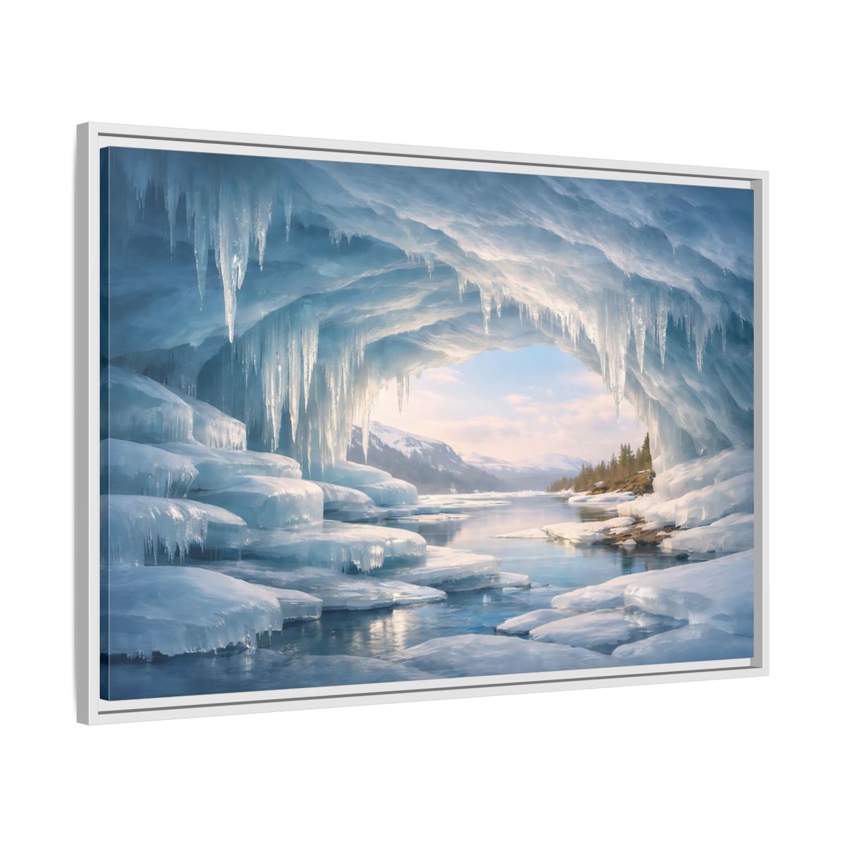 Side Mockup 9. Nature Ice Cave Blue Winter Cave shown as stretched canvas wall art