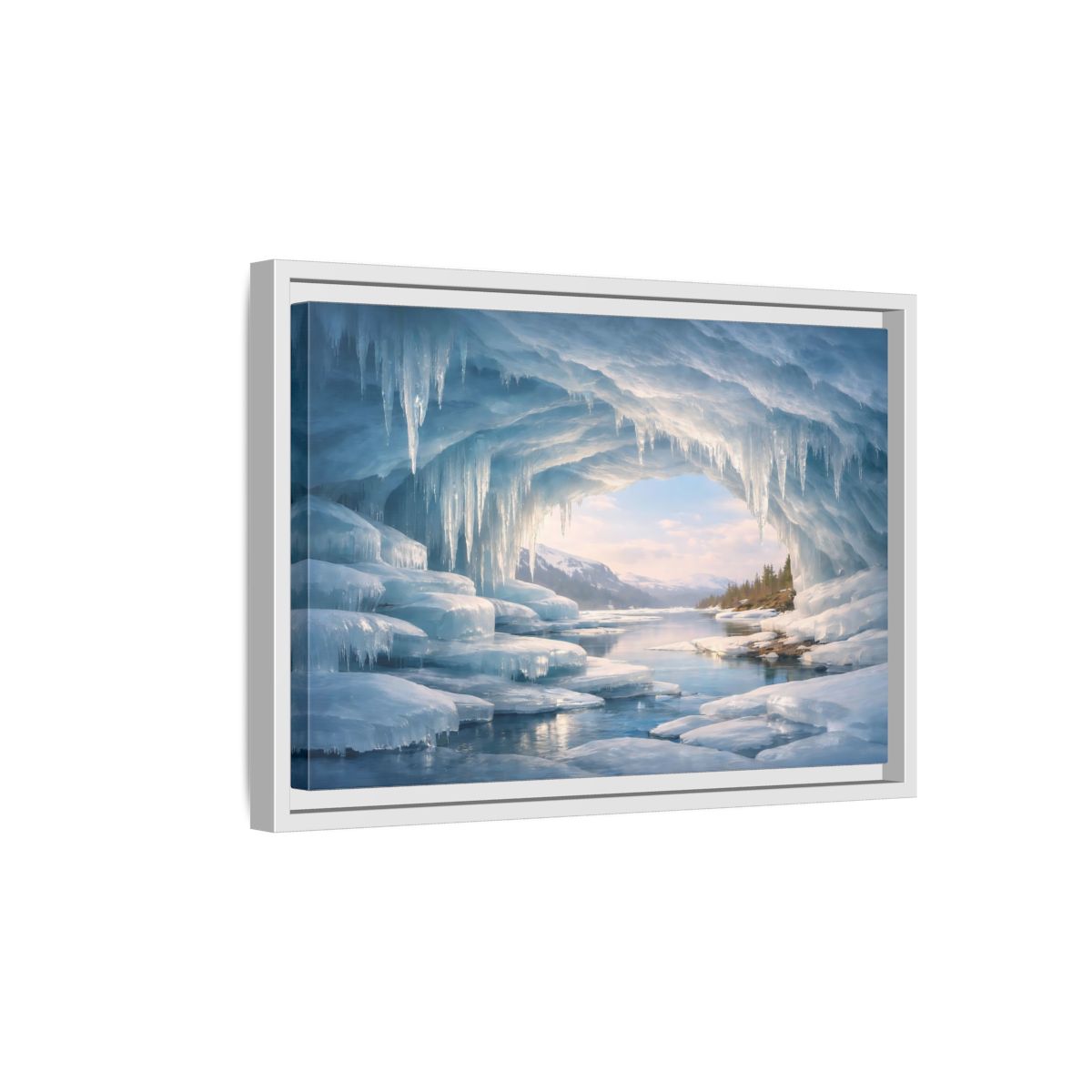 Side Mockup 4. Nature Ice Cave Blue Winter Cave shown as stretched canvas wall art