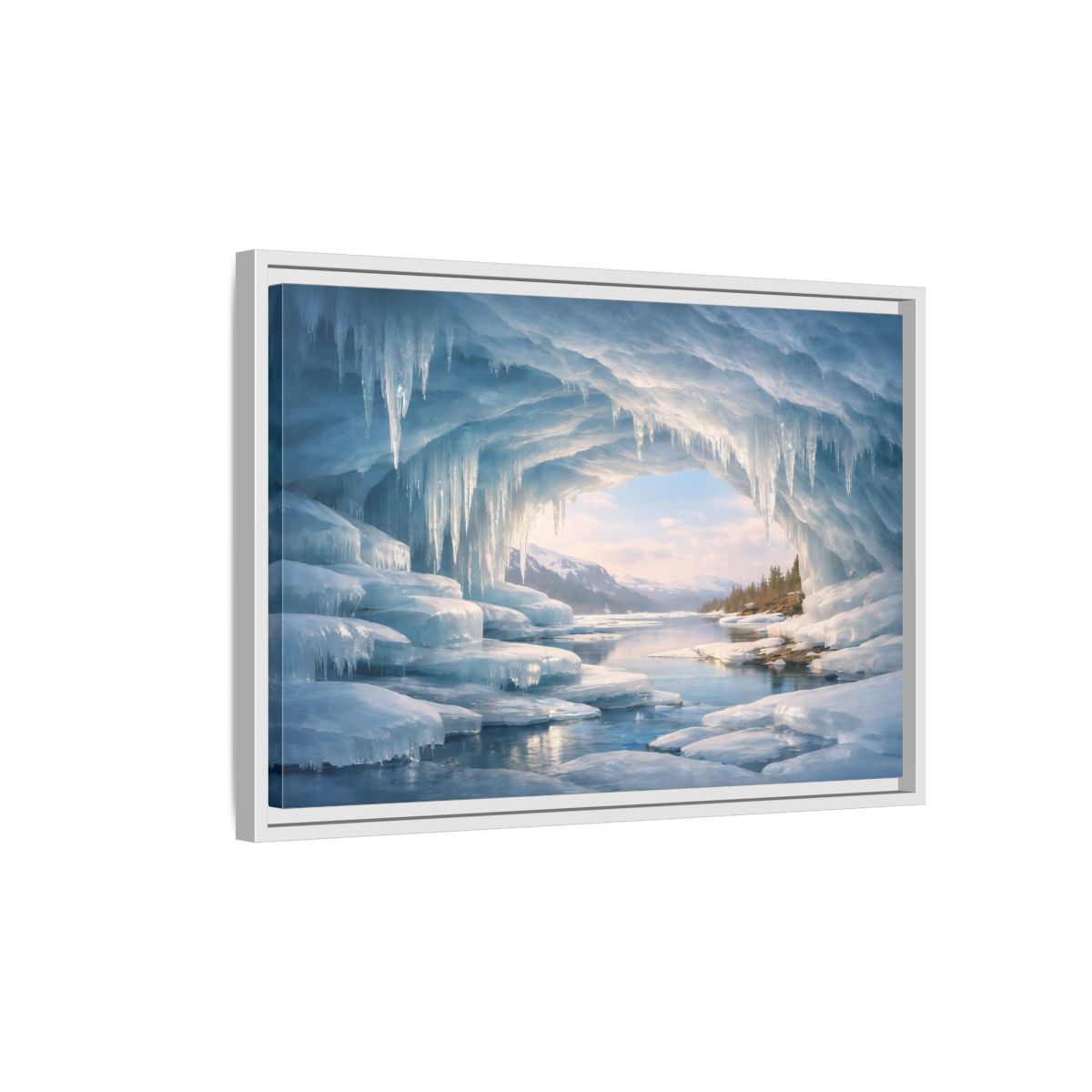 Side Mockup 1. Nature Ice Cave Blue Winter Cave shown as stretched canvas wall art