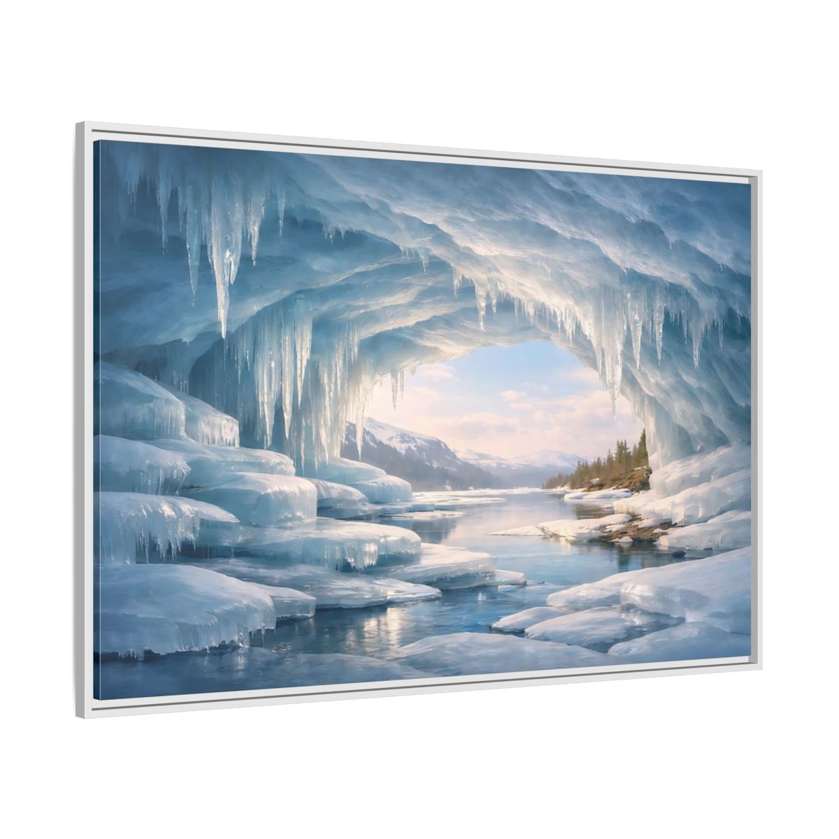 Side Mockup 7. Nature Ice Cave Blue Winter Cave shown as stretched canvas wall art