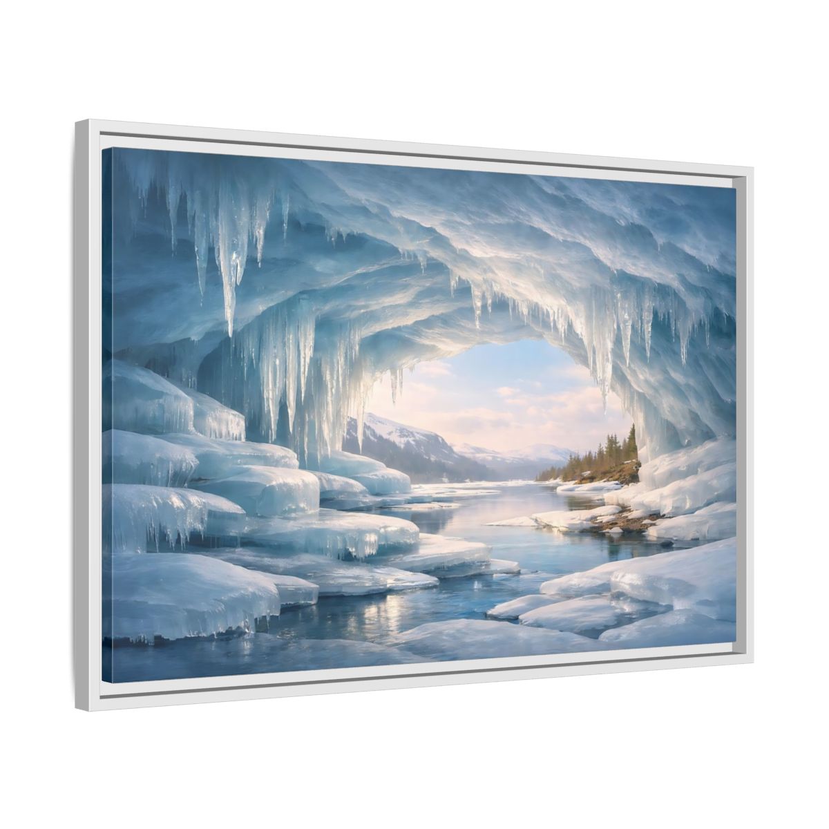 Side Mockup 10. Nature Ice Cave Blue Winter Cave shown as stretched canvas wall art